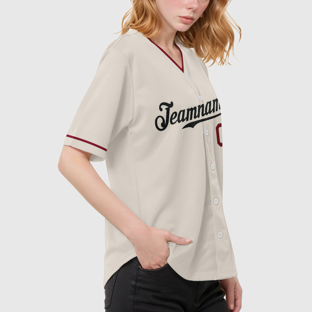 Custom Cream Black Crimson Collar Sleeve Baseball Jersey