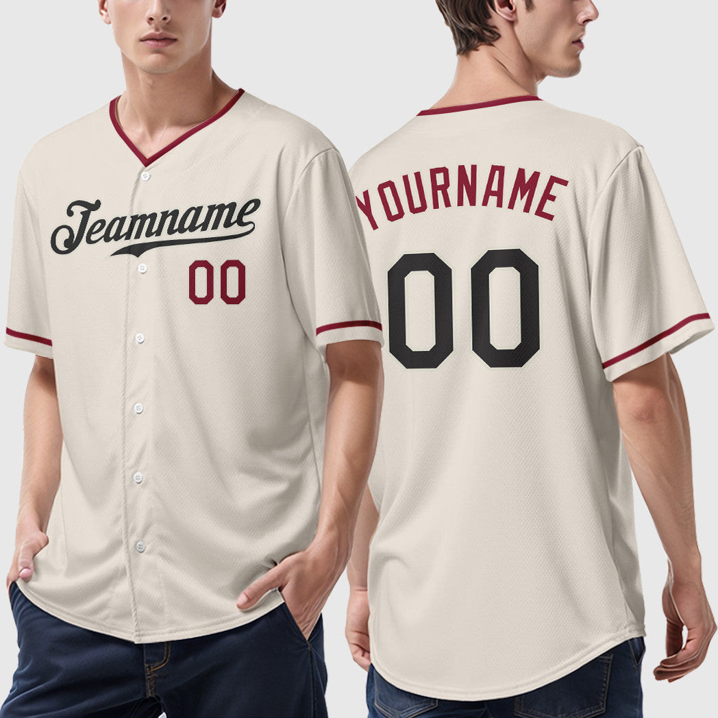 Custom Cream Black Crimson Collar Sleeve Baseball Jersey
