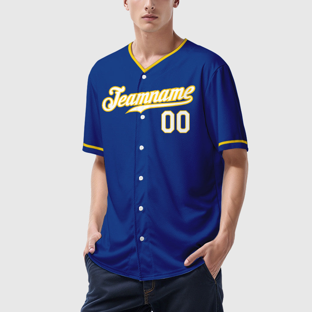 Custom Royal White Yellow Collar Sleeve Baseball Jersey