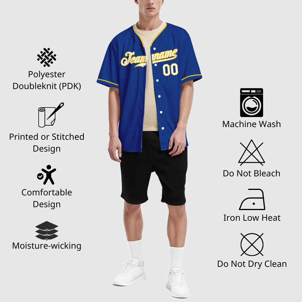 Custom Royal White Yellow Collar Sleeve Baseball Jersey
