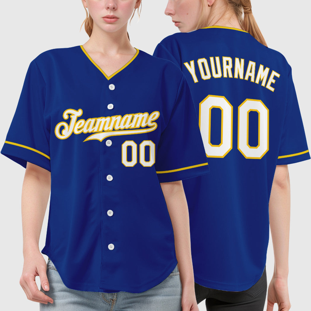 Custom Royal White Yellow Collar Sleeve Baseball Jersey