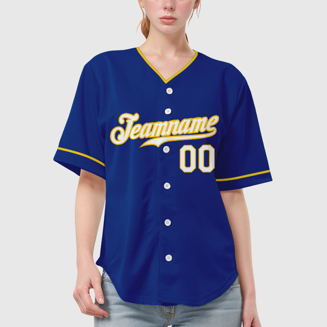 Custom Royal White Yellow Collar Sleeve Baseball Jersey