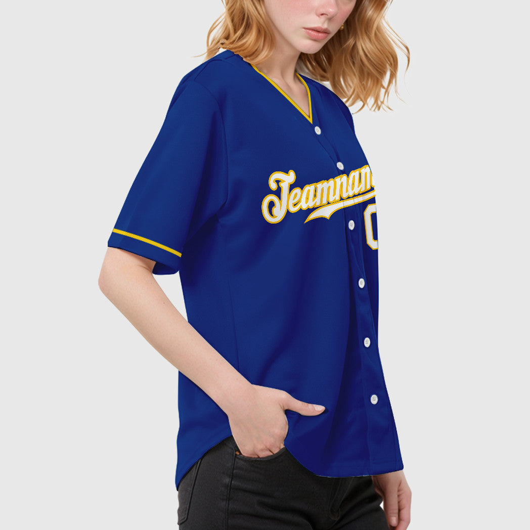 Custom Royal White Yellow Collar Sleeve Baseball Jersey