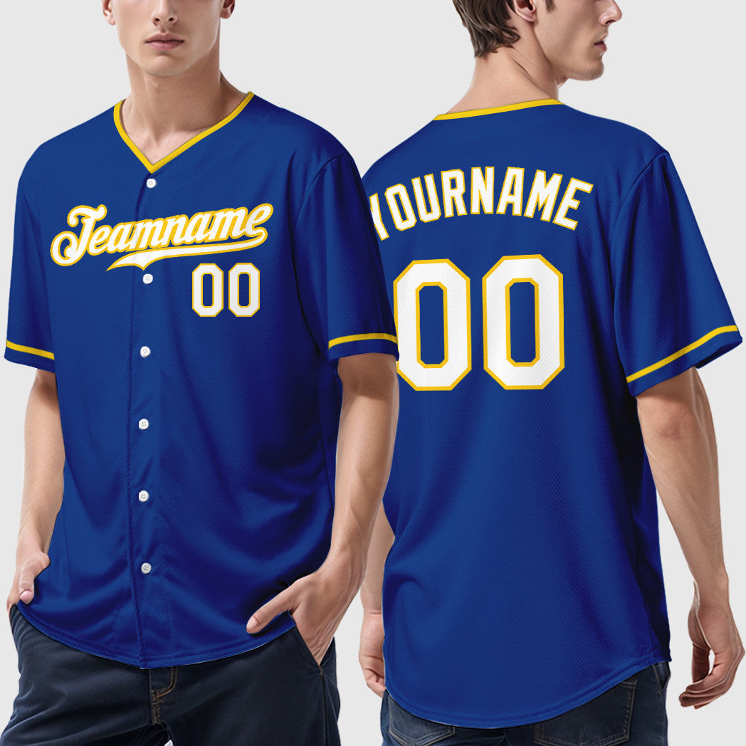 Custom Royal White Yellow Collar Sleeve Baseball Jersey