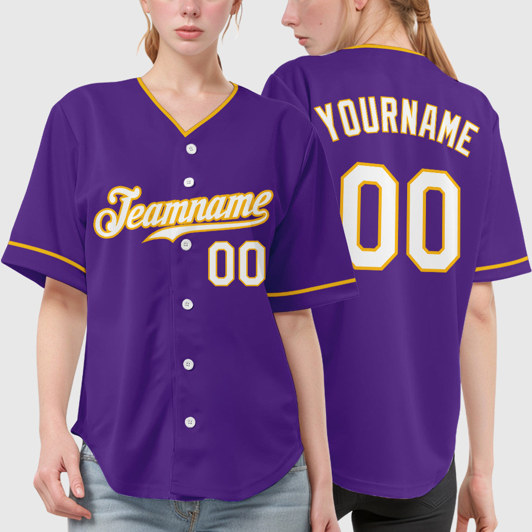 Custom Purple White Gold Collar Sleeve Baseball Jersey