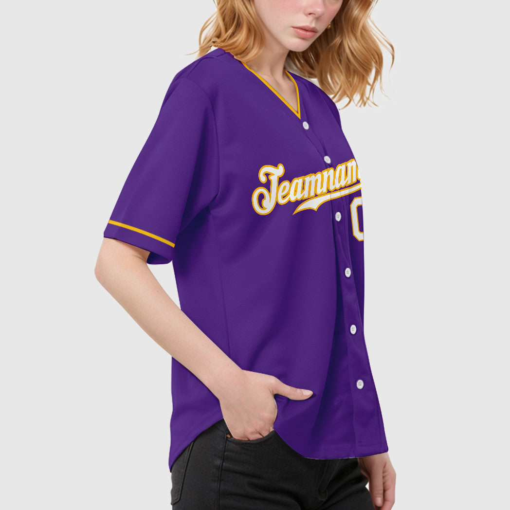 Custom Purple White Gold Collar Sleeve Baseball Jersey