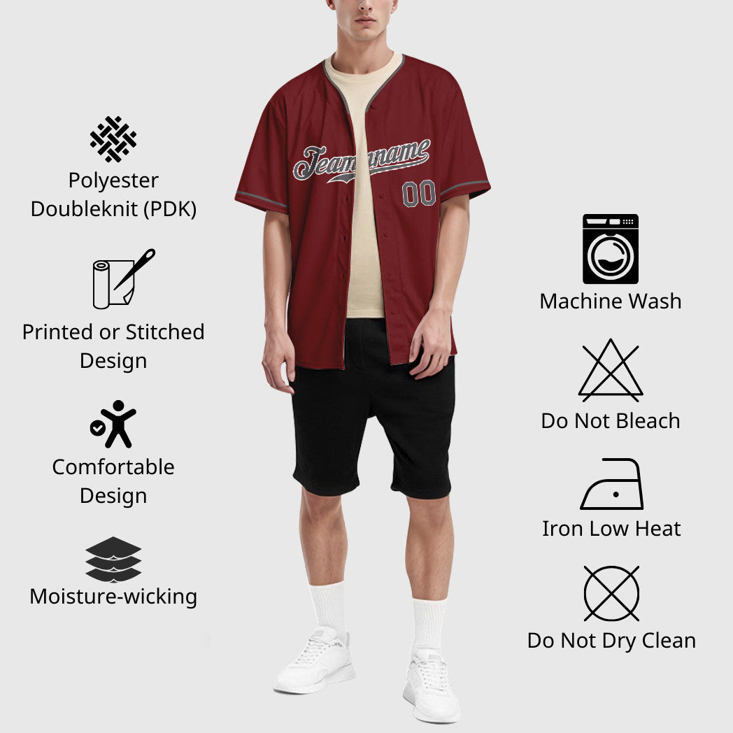 Custom Crimson White Steel Gray Collar Sleeve Baseball Jersey