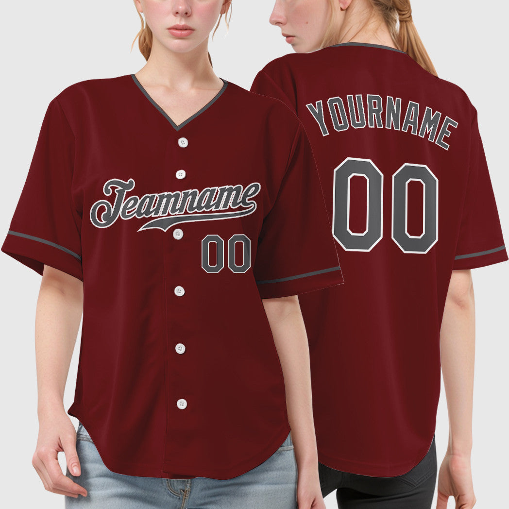 Custom Crimson White Steel Gray Collar Sleeve Baseball Jersey
