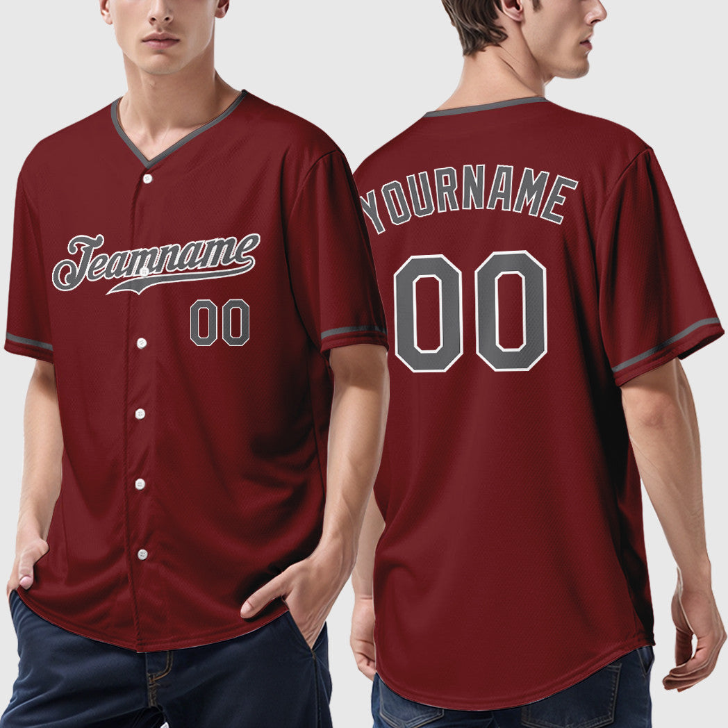 Custom Crimson White Steel Gray Collar Sleeve Baseball Jersey