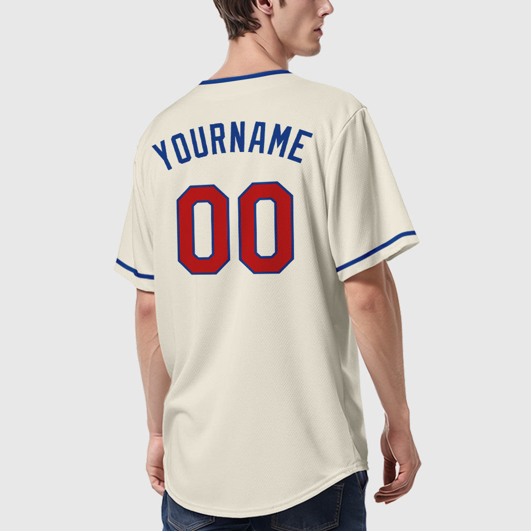 Custom Cream Red Red-Royal Sleeve Baseball Jersey