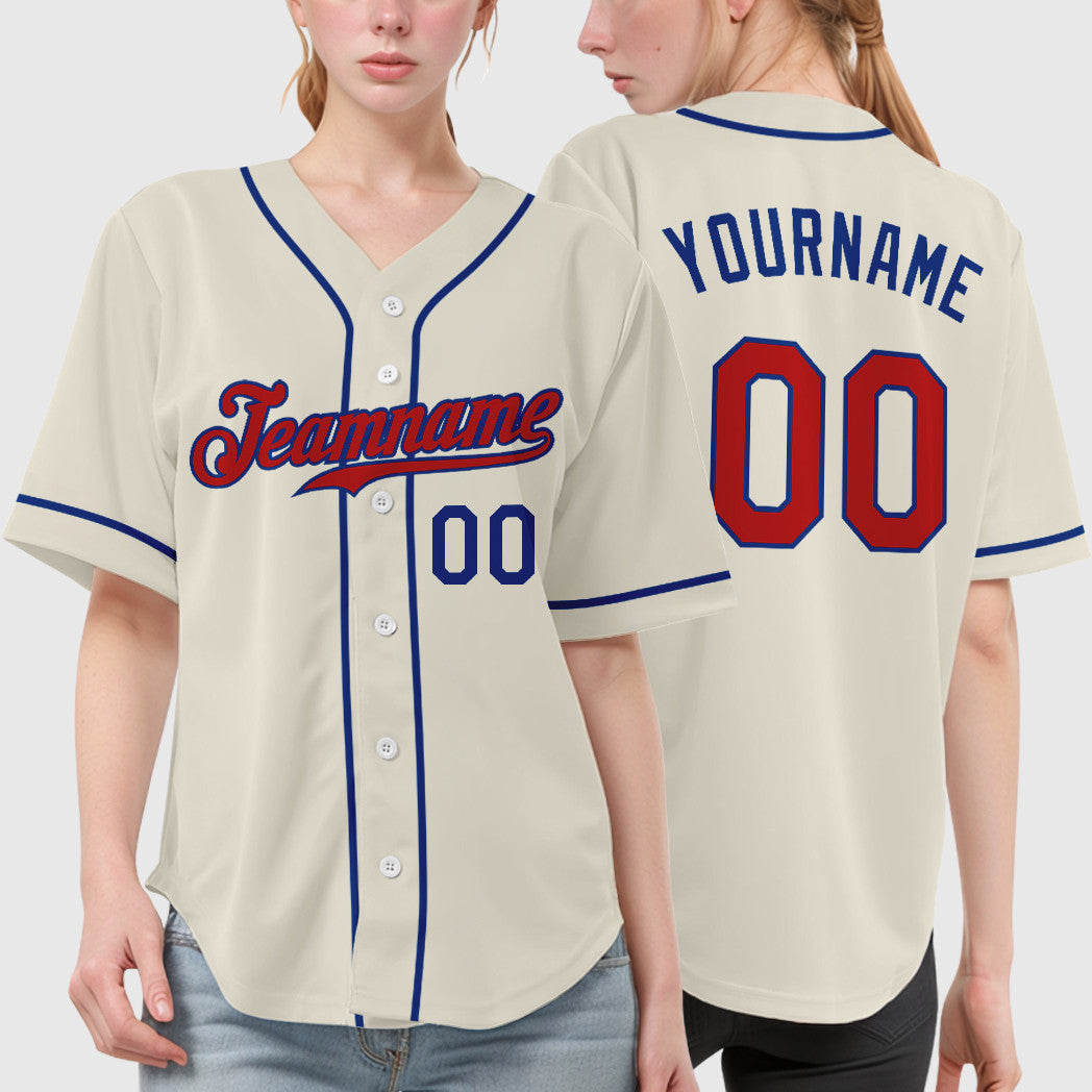 Custom Cream Red Red-Royal Sleeve Baseball Jersey