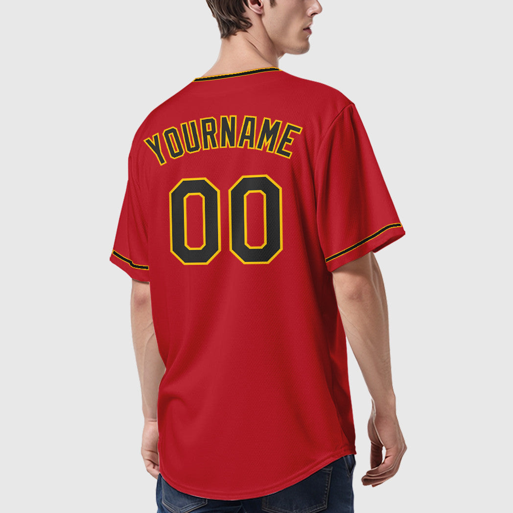 Custom Red Black Black-Gold Collar Sleeve Baseball Jersey