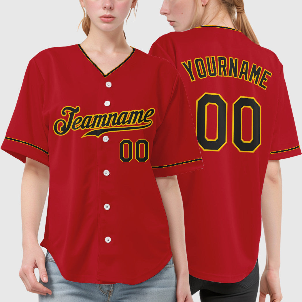 Custom Red Black Black-Gold Collar Sleeve Baseball Jersey