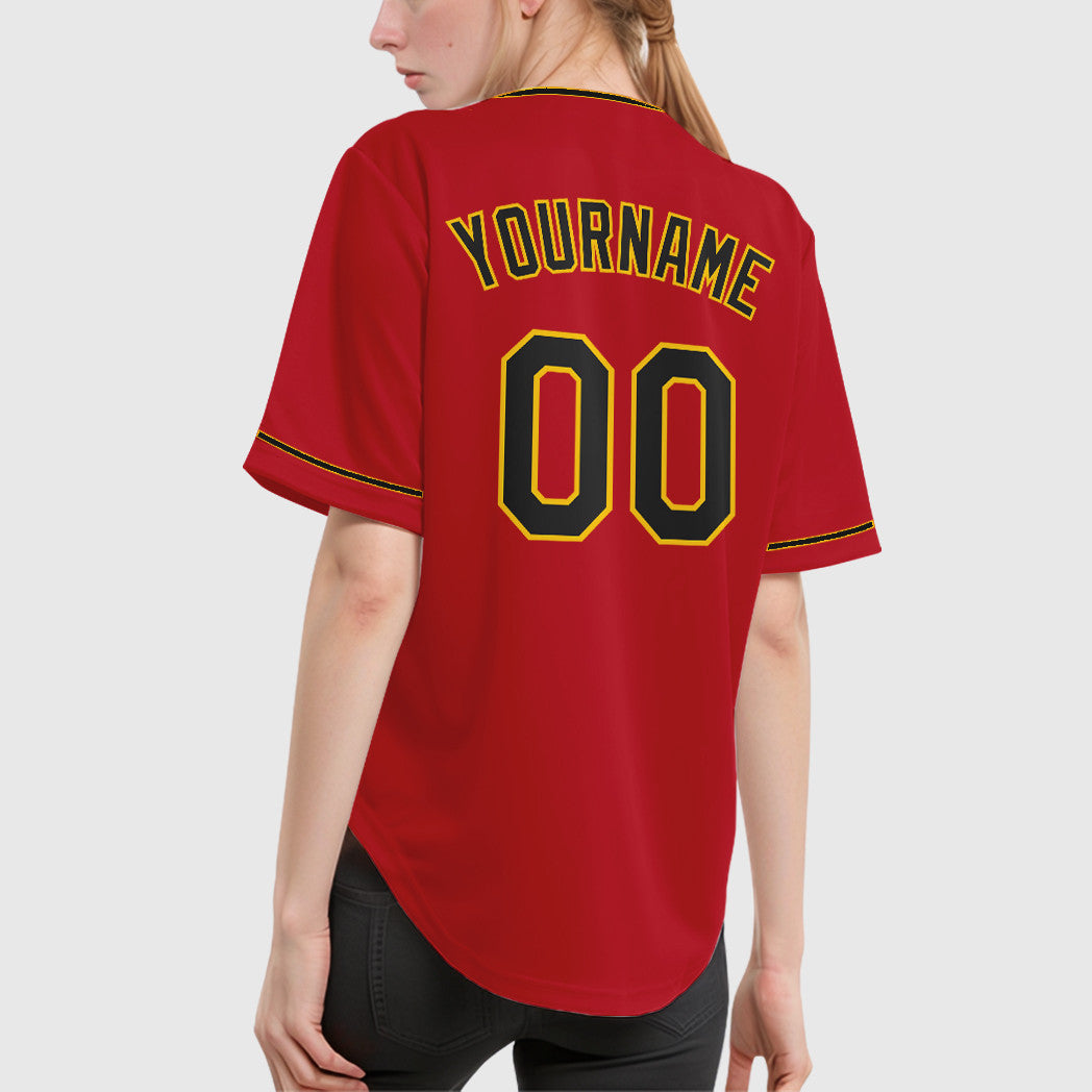 Custom Red Black Black-Gold Collar Sleeve Baseball Jersey