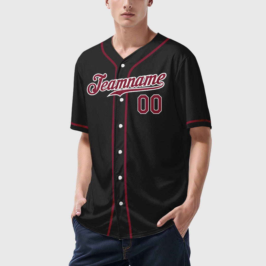 Custom Black White Crimson Sleeve Baseball Jersey
