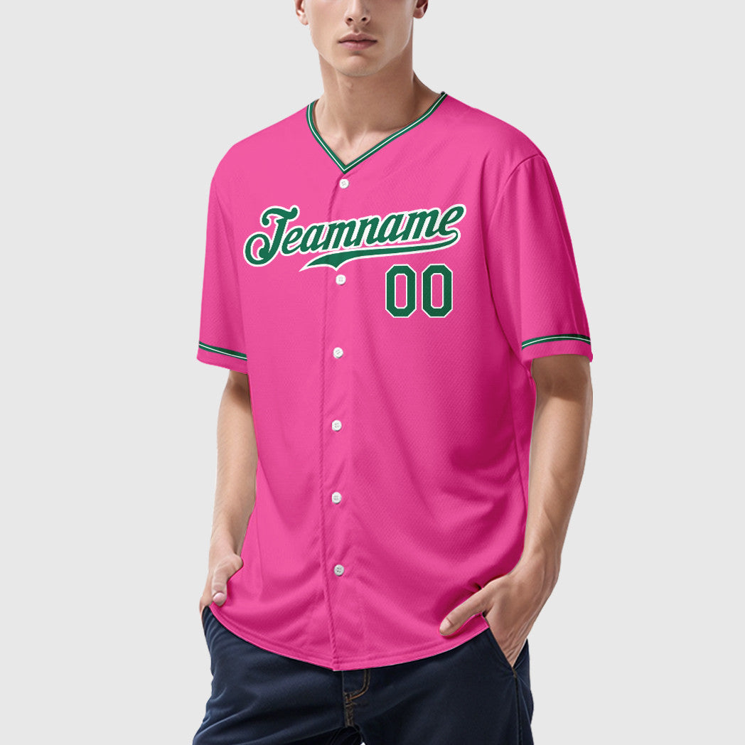 Custom Pink White Kelly Green Collar Sleeve Baseball Jersey