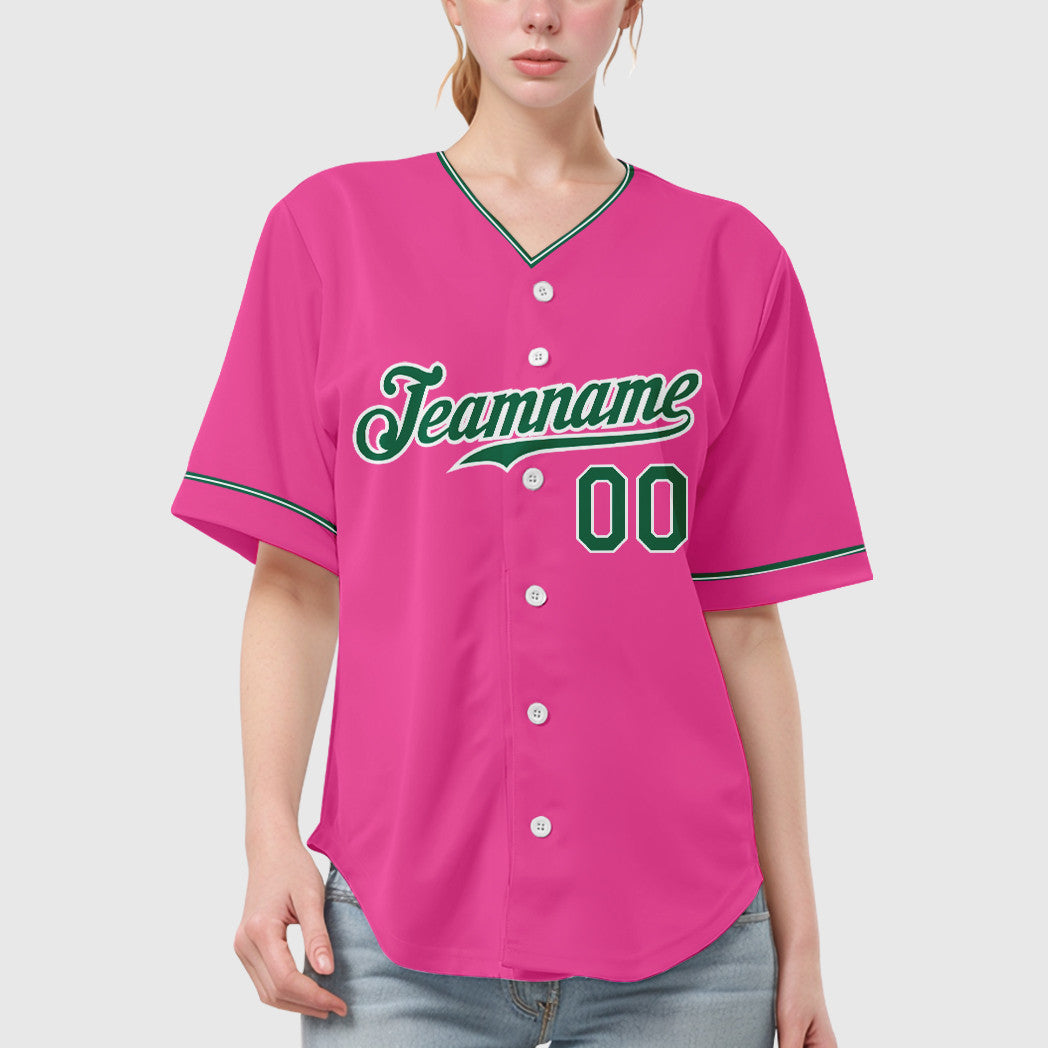 Custom Pink White Kelly Green Collar Sleeve Baseball Jersey