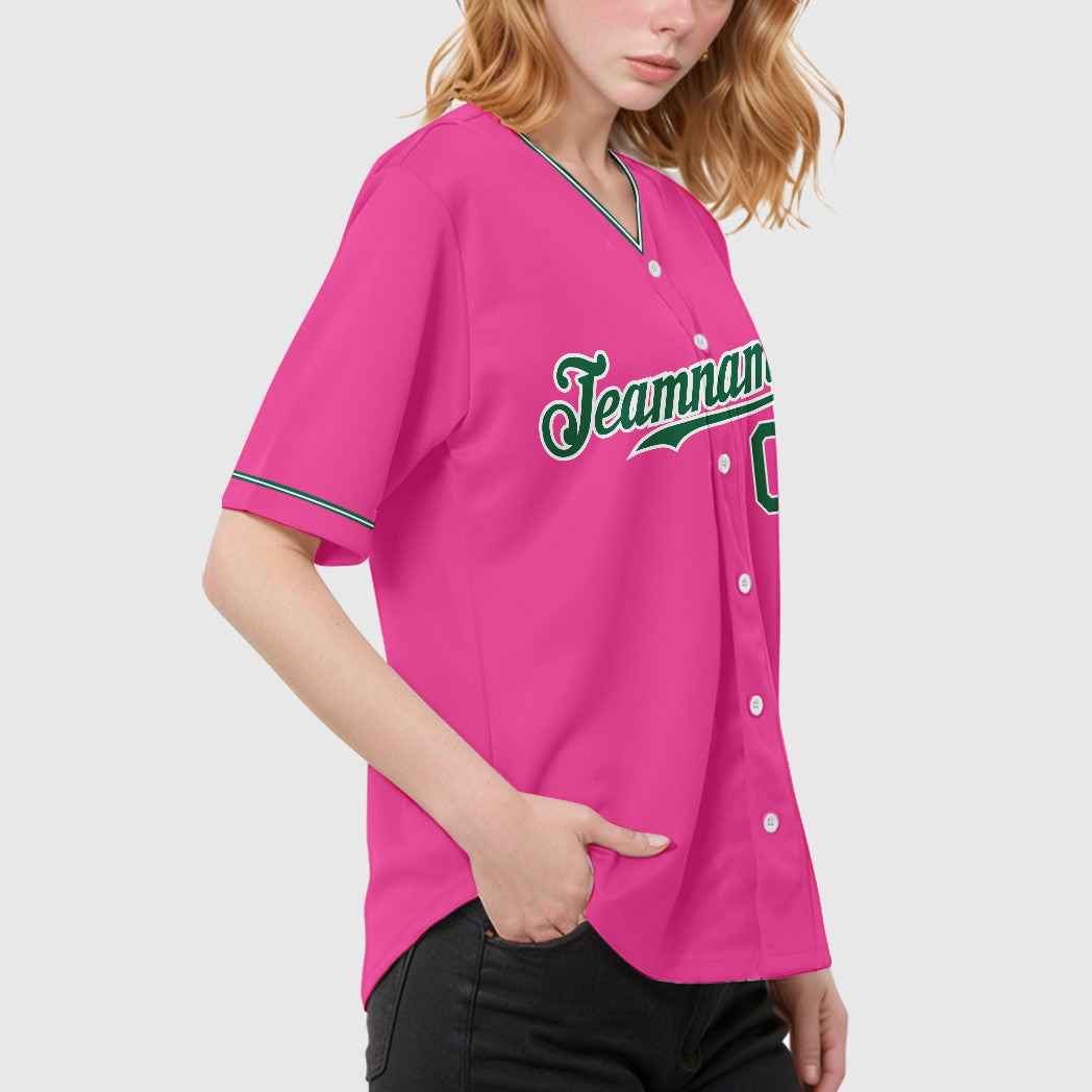 Custom Pink White Kelly Green Collar Sleeve Baseball Jersey
