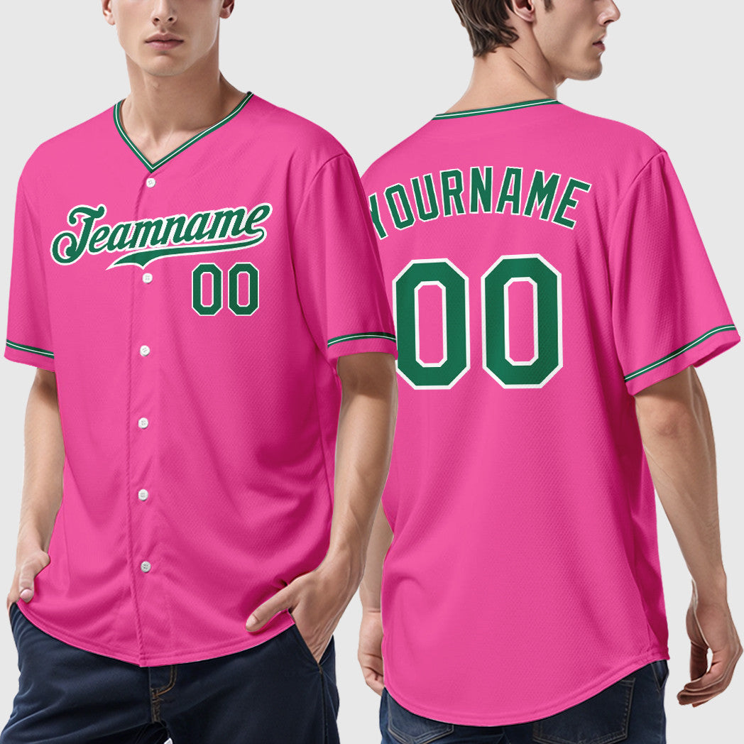 Custom Pink White Kelly Green Collar Sleeve Baseball Jersey