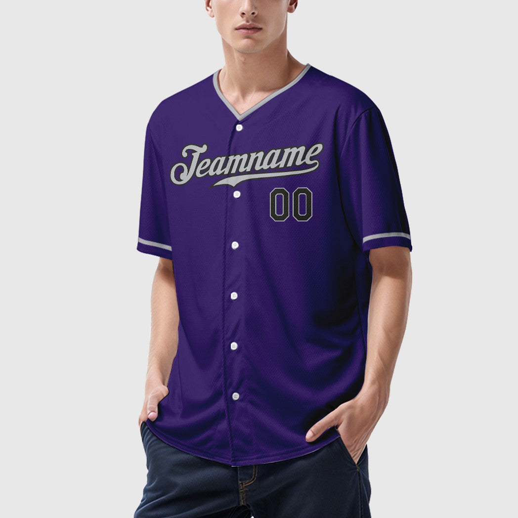 Custom Purple Black Gray Collar Sleeve Baseball Jersey