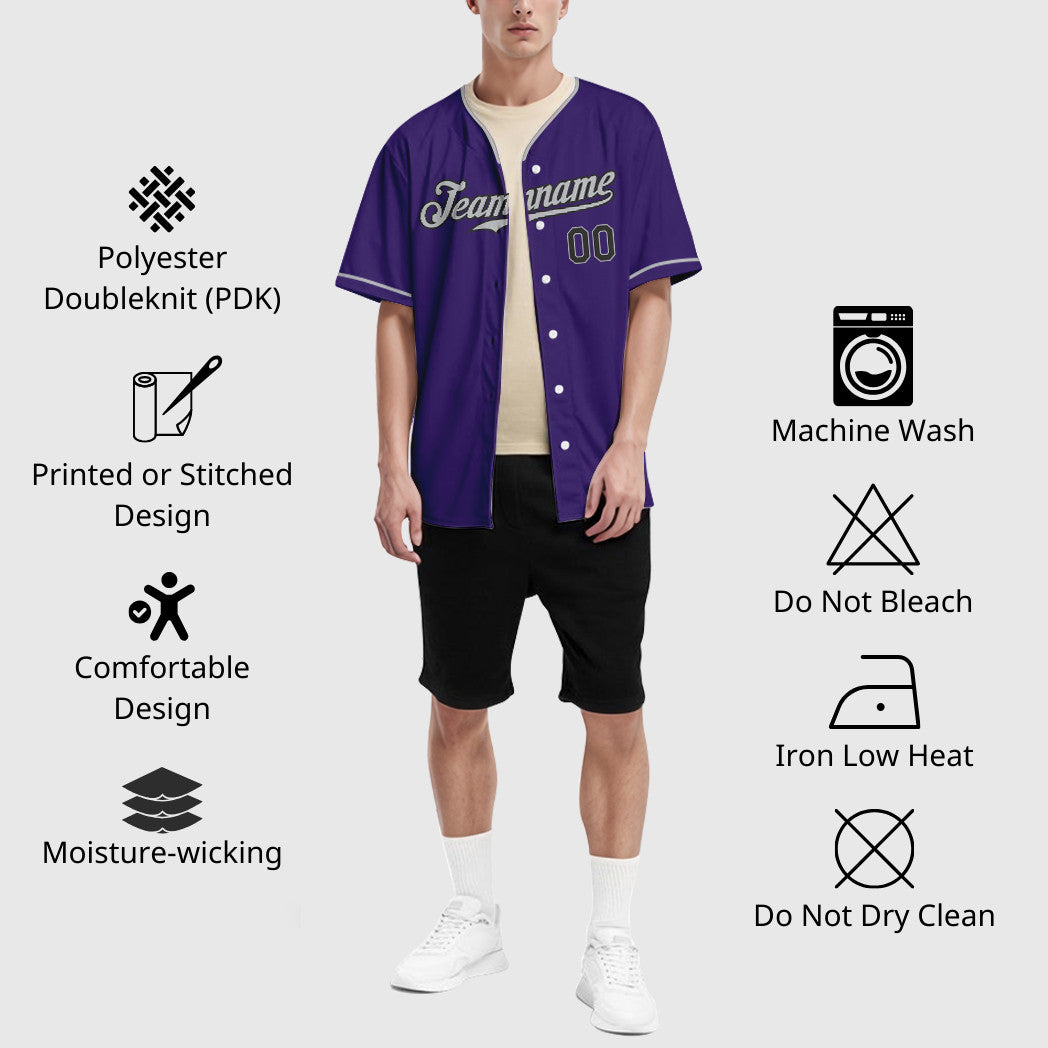 Custom Purple Black Gray Collar Sleeve Baseball Jersey