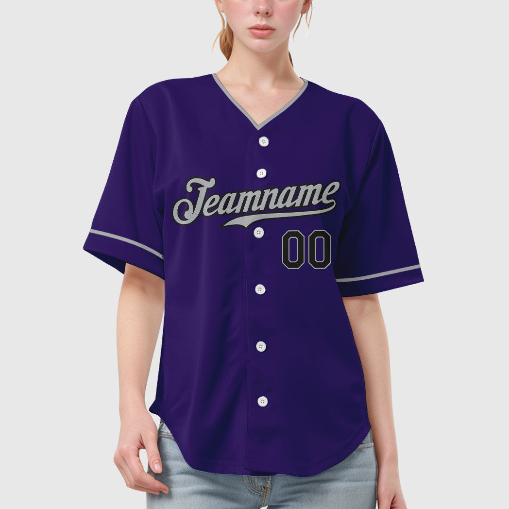Custom Purple Black Gray Collar Sleeve Baseball Jersey