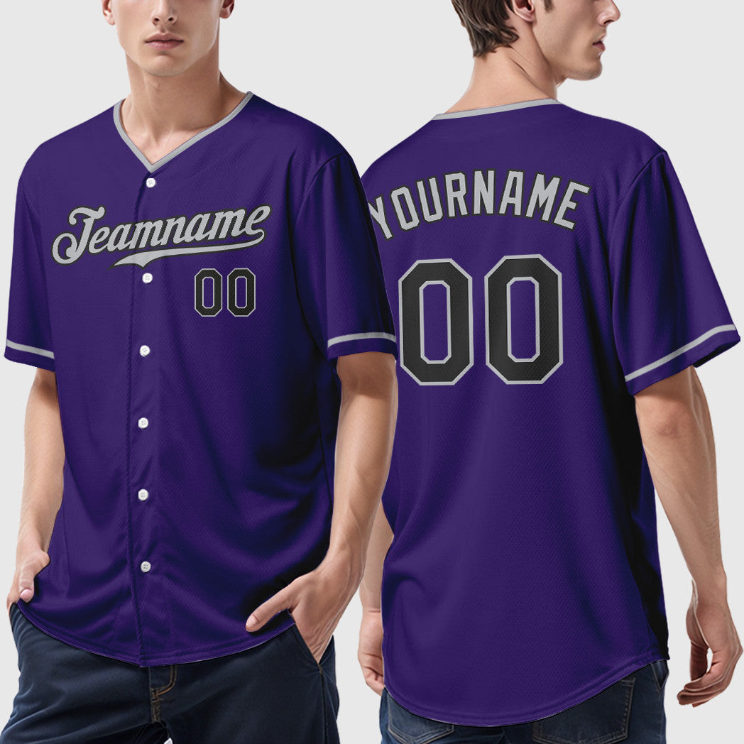 Custom Purple Black Gray Collar Sleeve Baseball Jersey