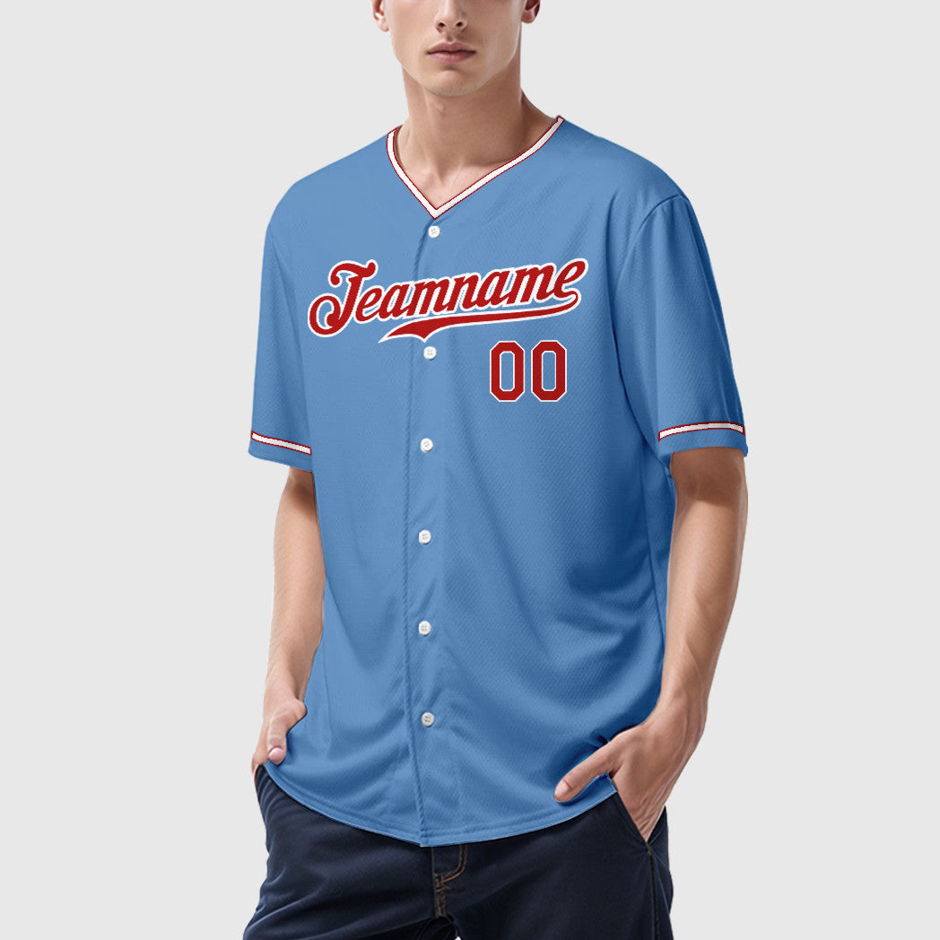 Custom Light Blue White Red Collar Sleeve Baseball Jersey