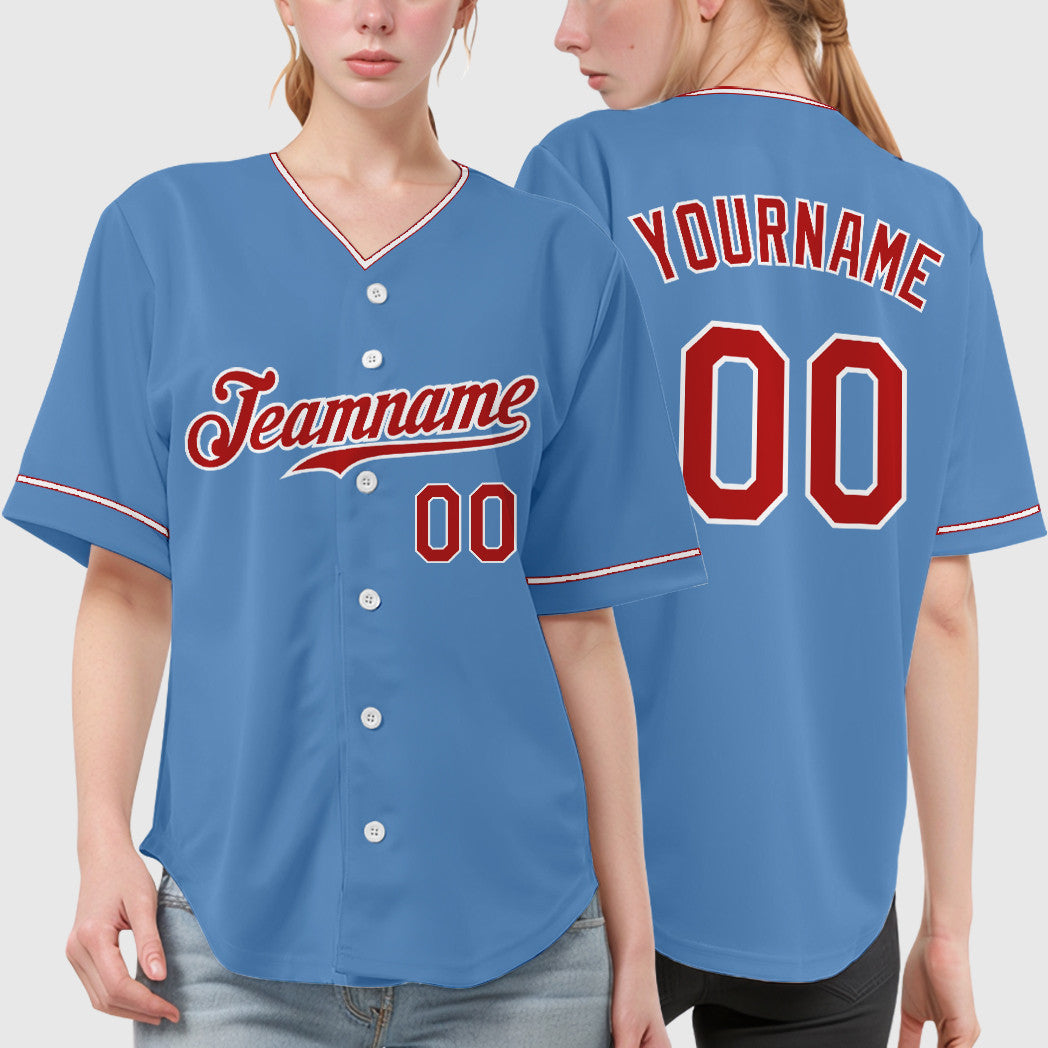 Custom Light Blue White Red Collar Sleeve Baseball Jersey
