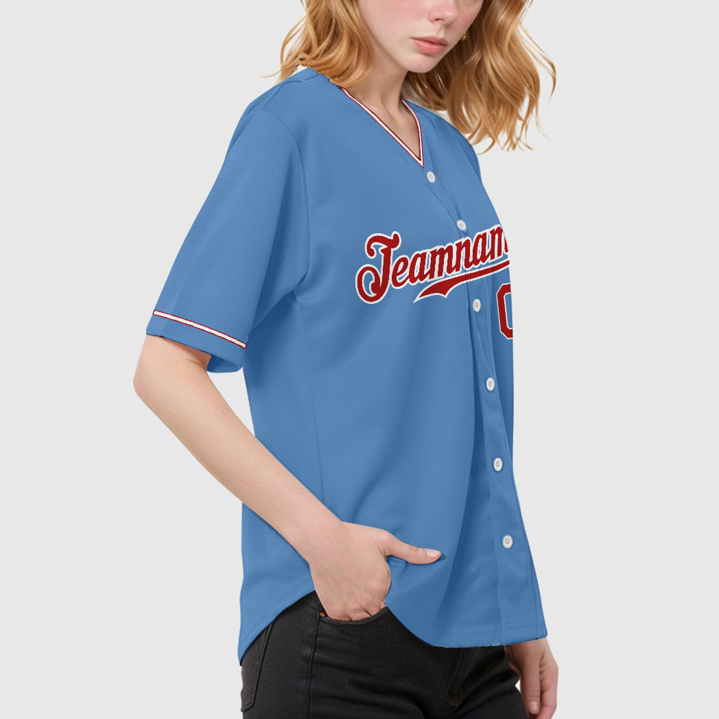 Custom Light Blue White Red Collar Sleeve Baseball Jersey
