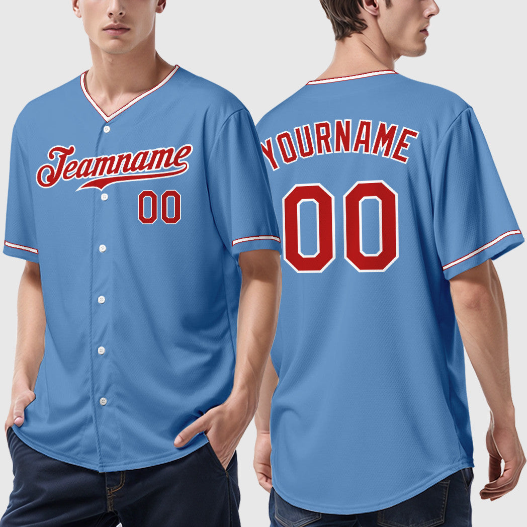 Custom Light Blue White Red Collar Sleeve Baseball Jersey