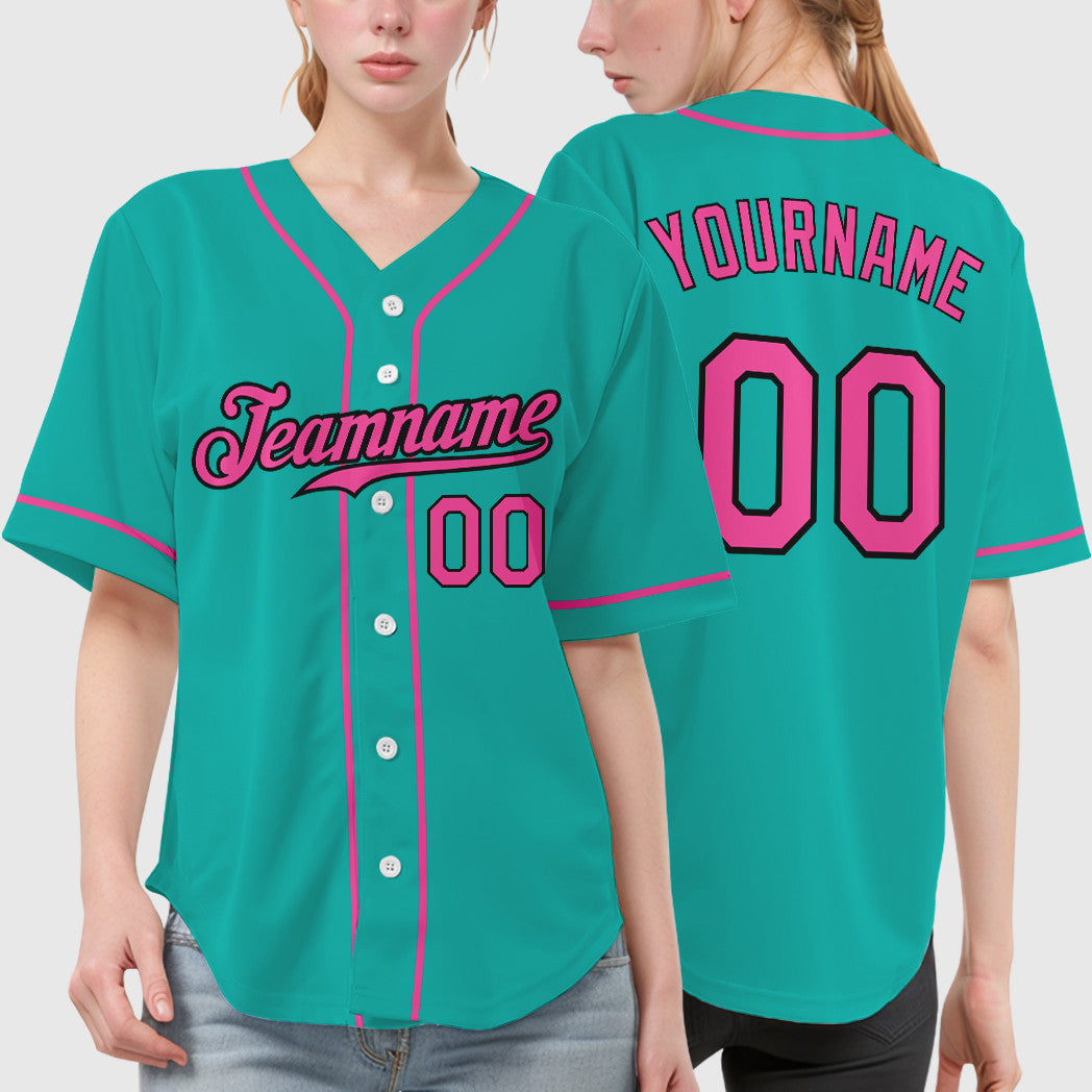 Custom Aqua White Pink-Black Sleeve Baseball Jersey