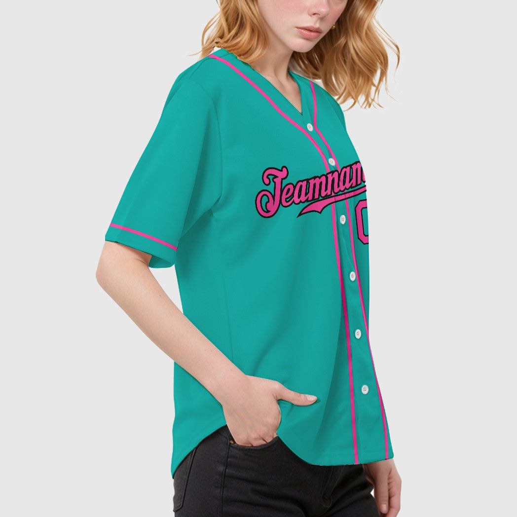 Custom Aqua White Pink-Black Sleeve Baseball Jersey
