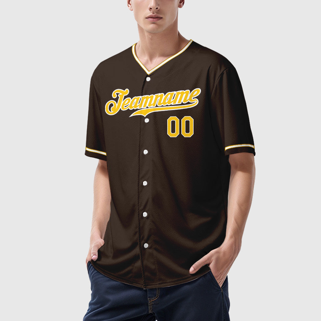 Custom Brown White Gold Collar Sleeve Baseball Jersey