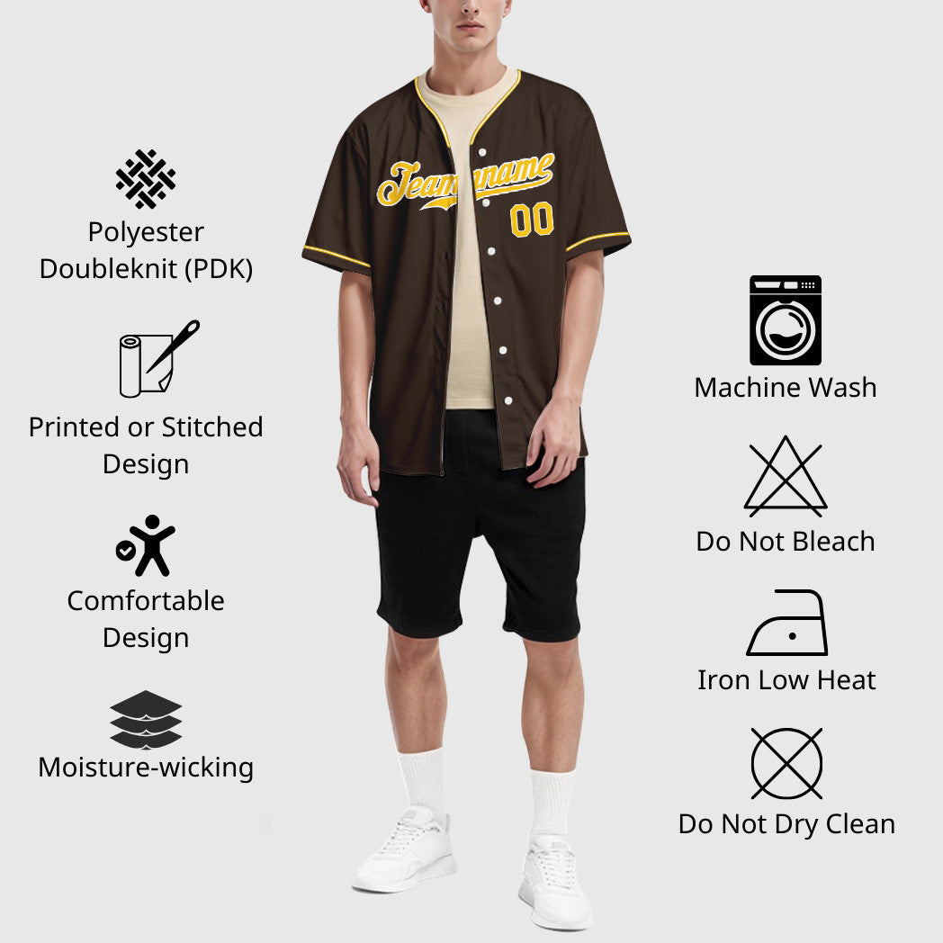 Custom Brown White Gold Collar Sleeve Baseball Jersey
