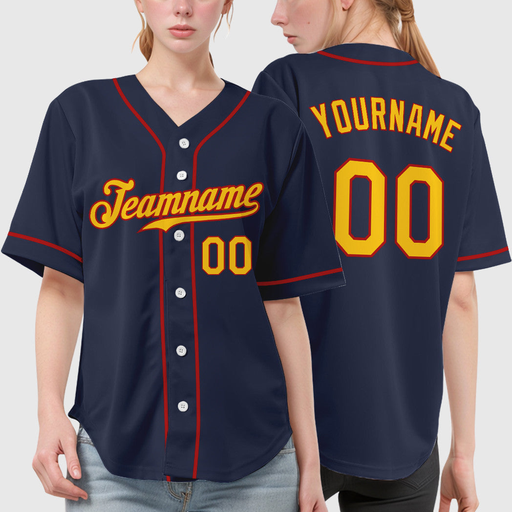 Custom Navy Yellow Red Sleeve Baseball Jersey