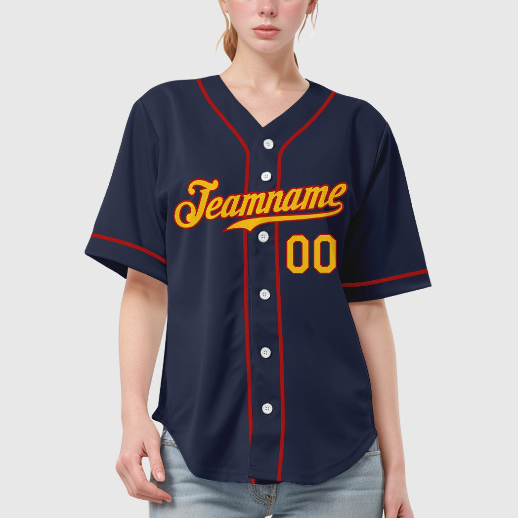 Custom Navy Yellow Red Sleeve Baseball Jersey