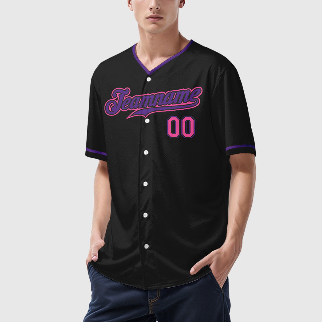 Custom Black Pink Pink-Purple Collar Sleeve Baseball Jersey
