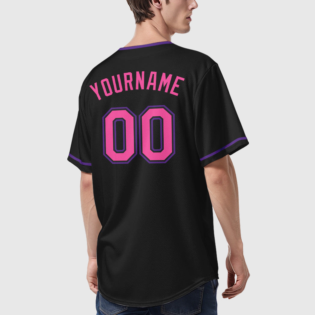 Custom Black Pink Pink-Purple Collar Sleeve Baseball Jersey
