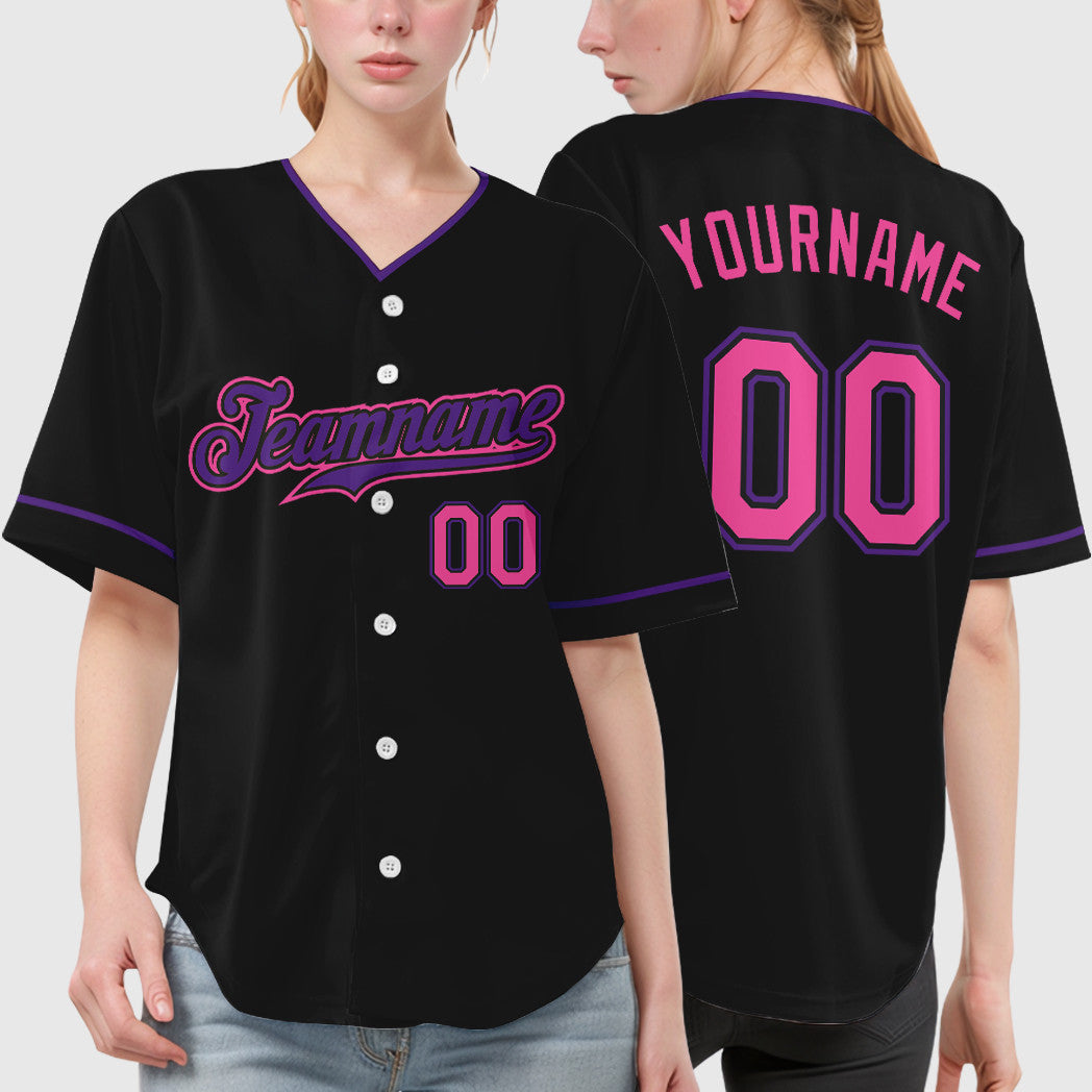 Custom Black Pink Pink-Purple Collar Sleeve Baseball Jersey