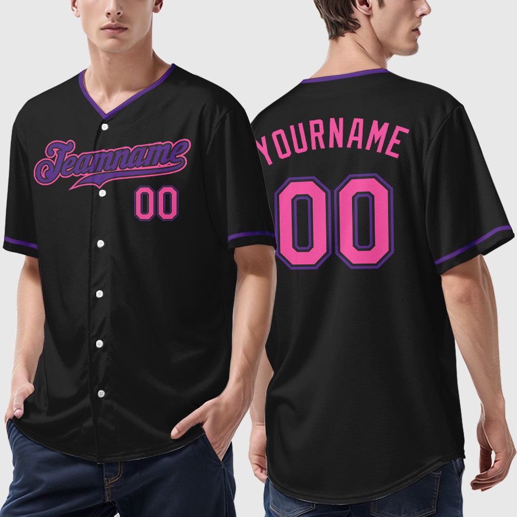 Custom Black Pink Pink-Purple Collar Sleeve Baseball Jersey