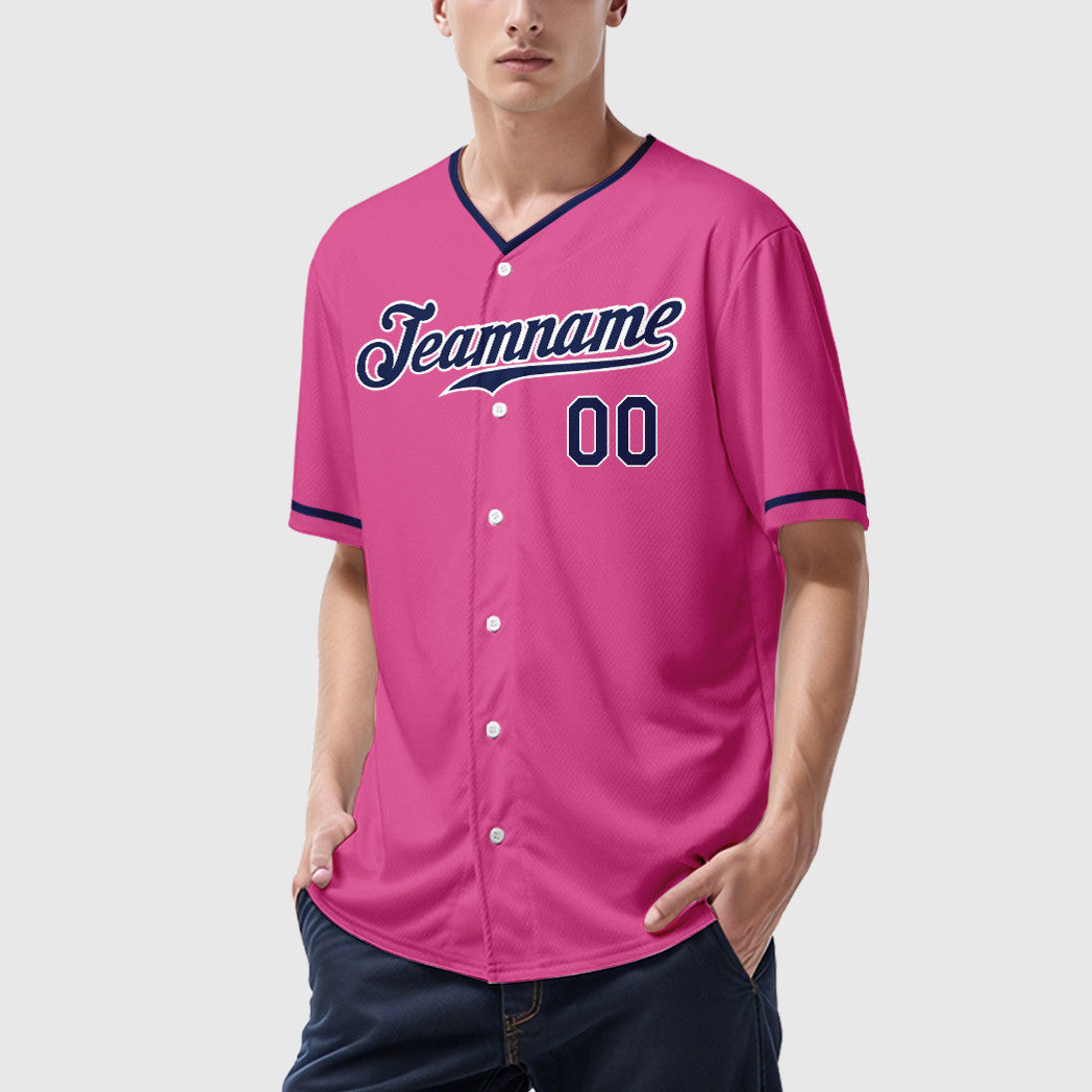 Custom Pink White Navy Collar Sleeve Baseball Jersey