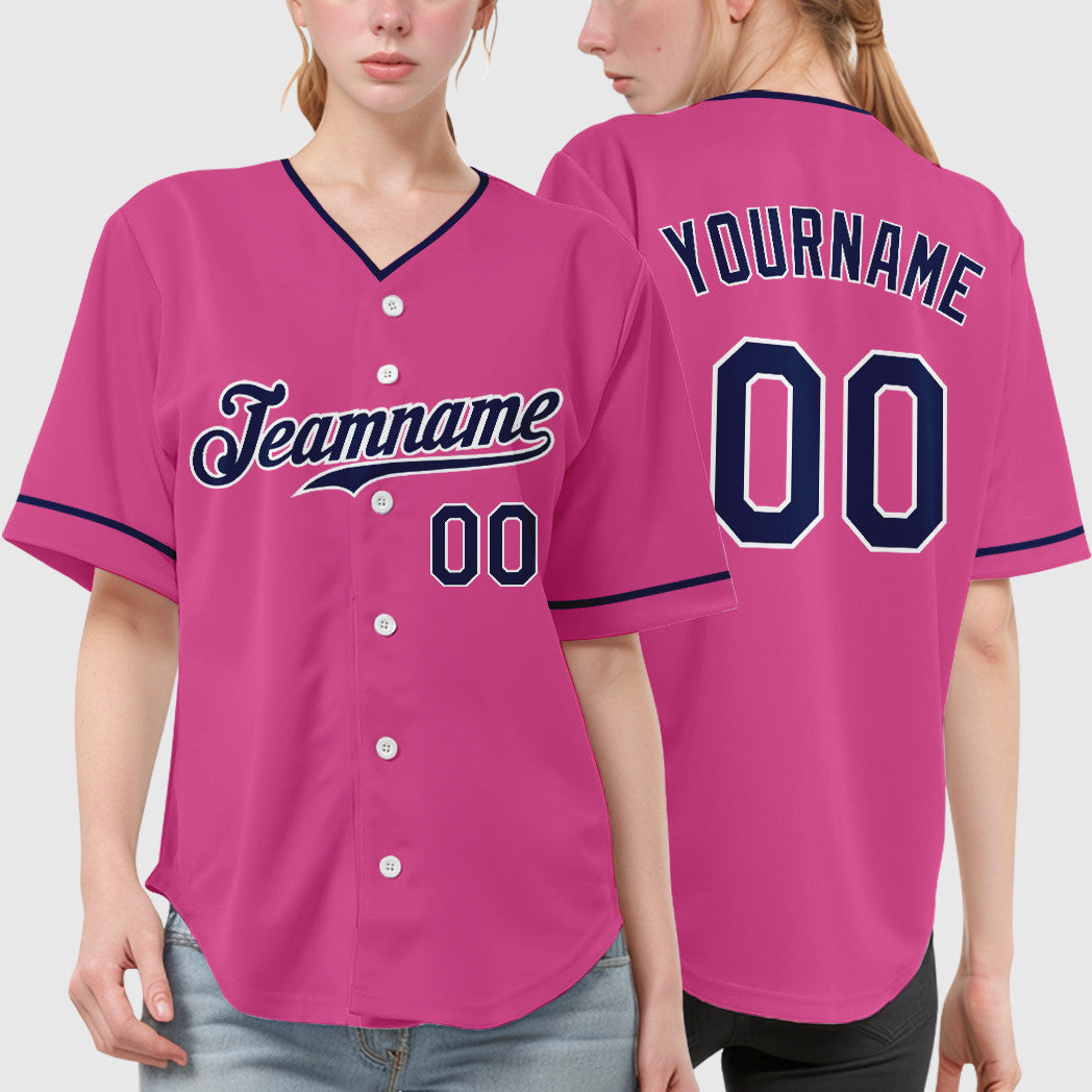 Custom Pink White Navy Collar Sleeve Baseball Jersey
