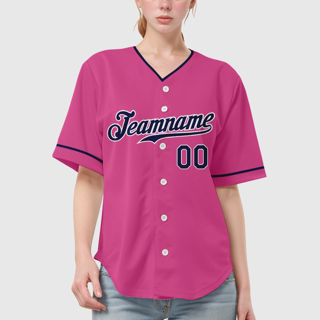 Custom Pink White Navy Collar Sleeve Baseball Jersey