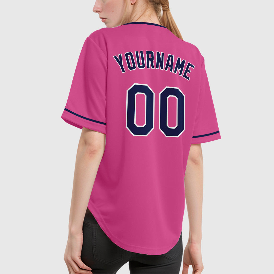 Custom Pink White Navy Collar Sleeve Baseball Jersey