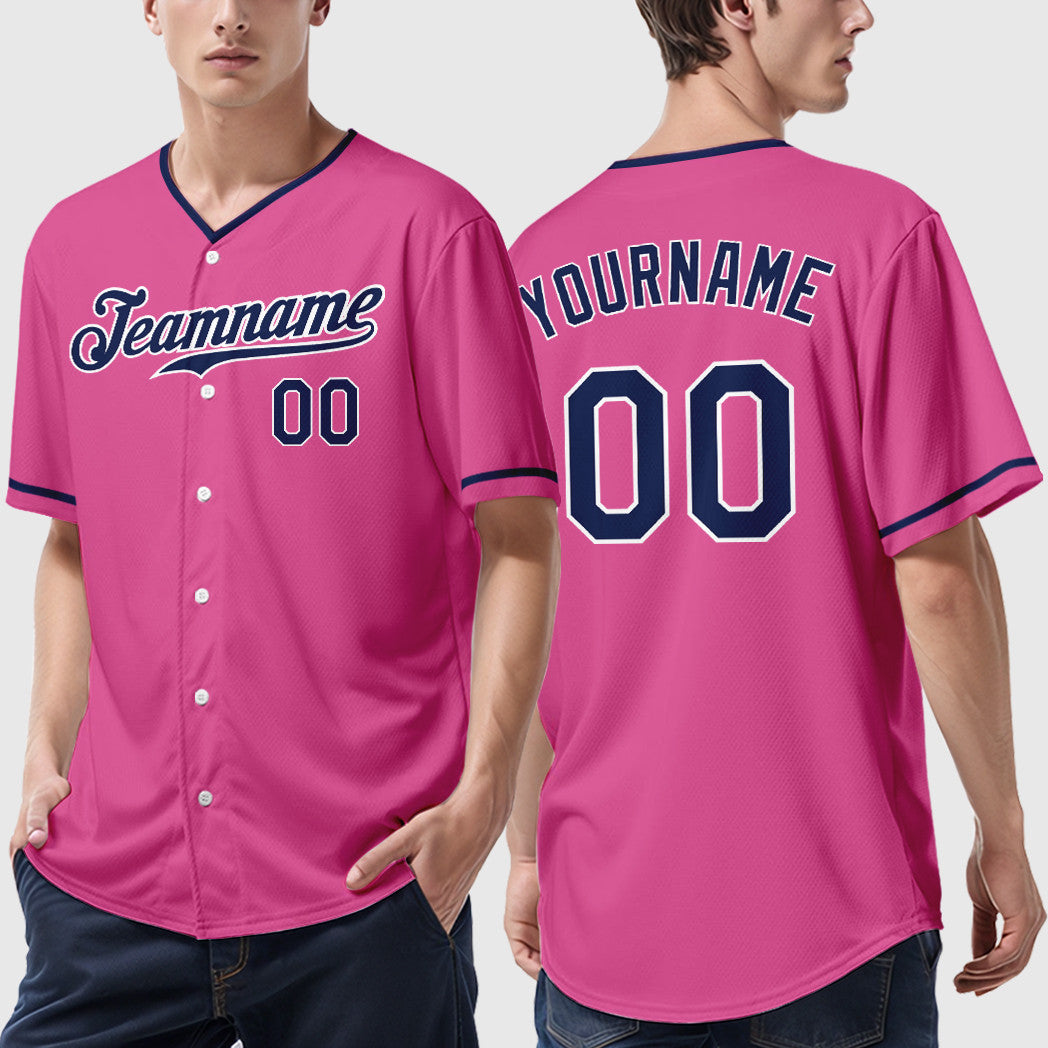 Custom Pink White Navy Collar Sleeve Baseball Jersey