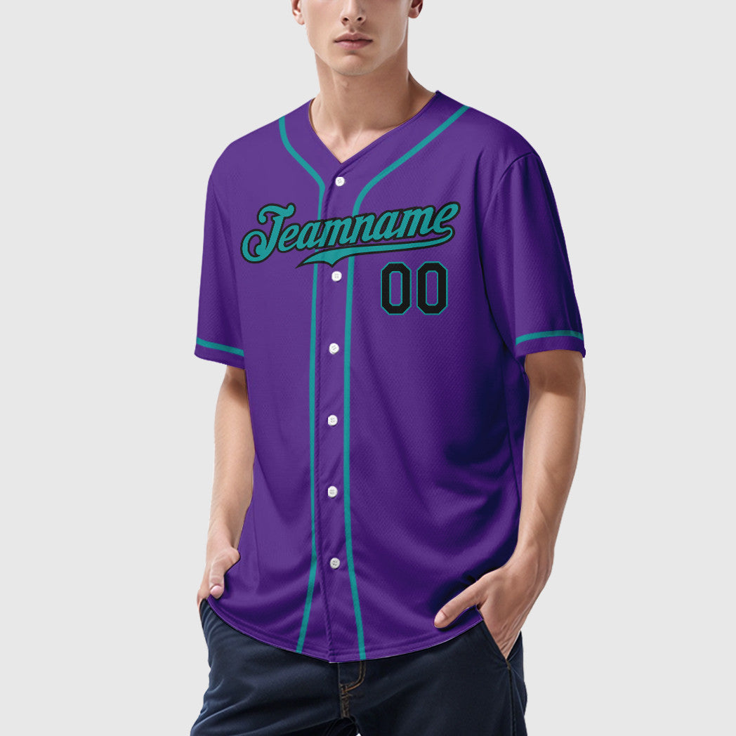 Custom Purple Black Teal Sleeve Baseball Jersey