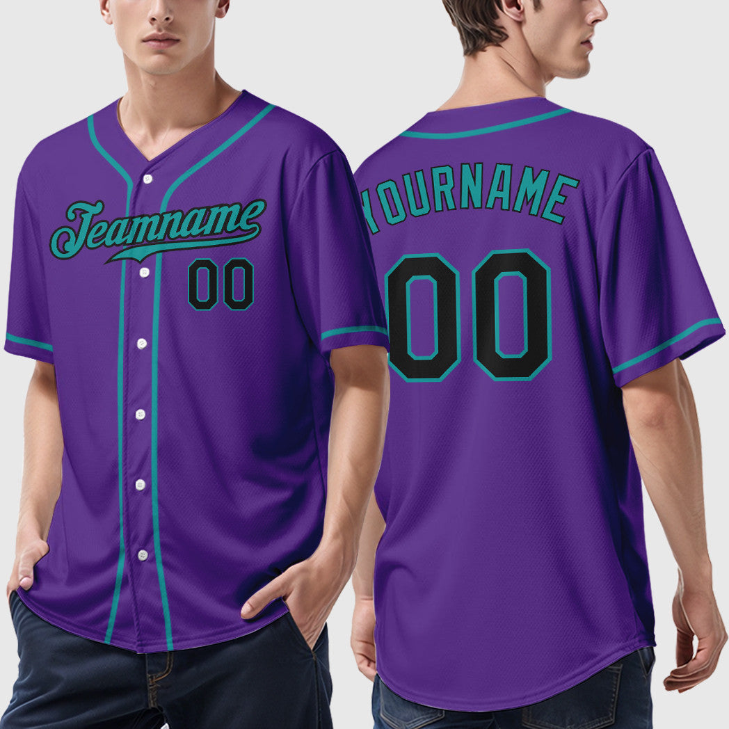 Custom Purple Black Teal Sleeve Baseball Jersey