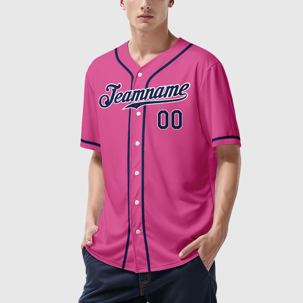 Custom Pink White Navy Sleeve Baseball Jersey