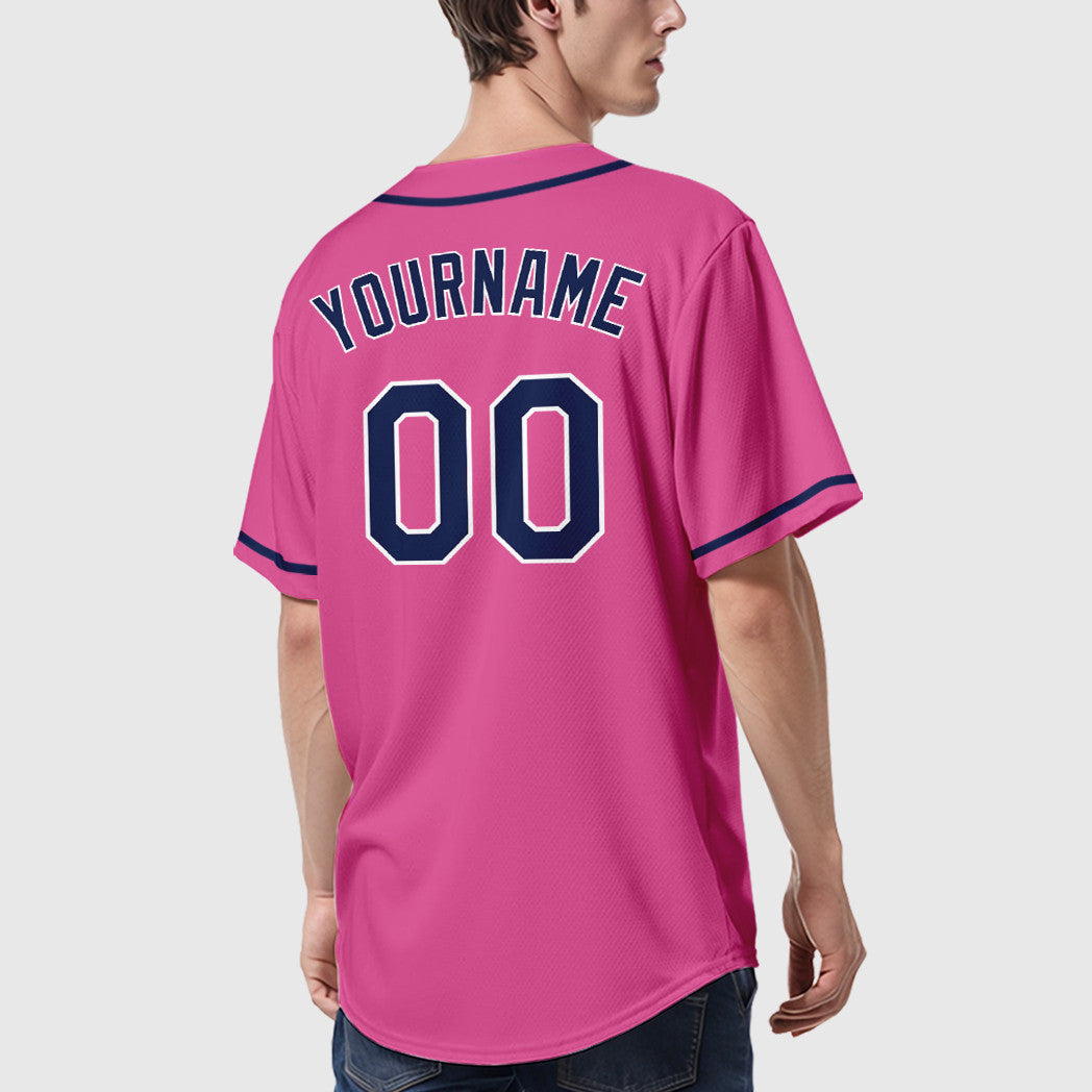 Custom Pink White Navy Sleeve Baseball Jersey